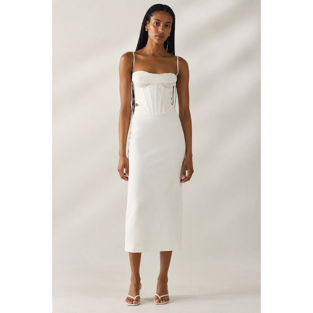 Bardot Corset Midi Dress Ivory White Cutout Back Bridal Bachelorette Event Dress